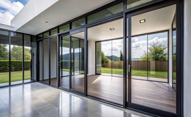 Wide angle shot of modern black aluminum sliding doors with windows on each side